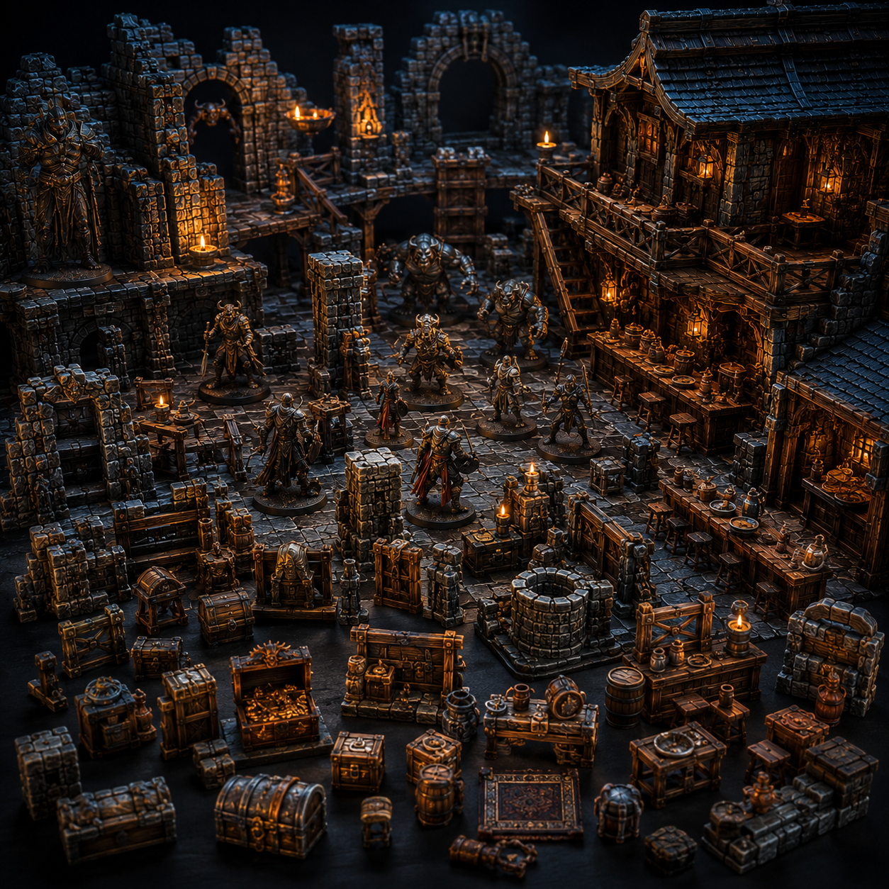 EmberKeep best-selling fantasy terrain and miniatures displayed in a premium torchlit tabletop RPG scene