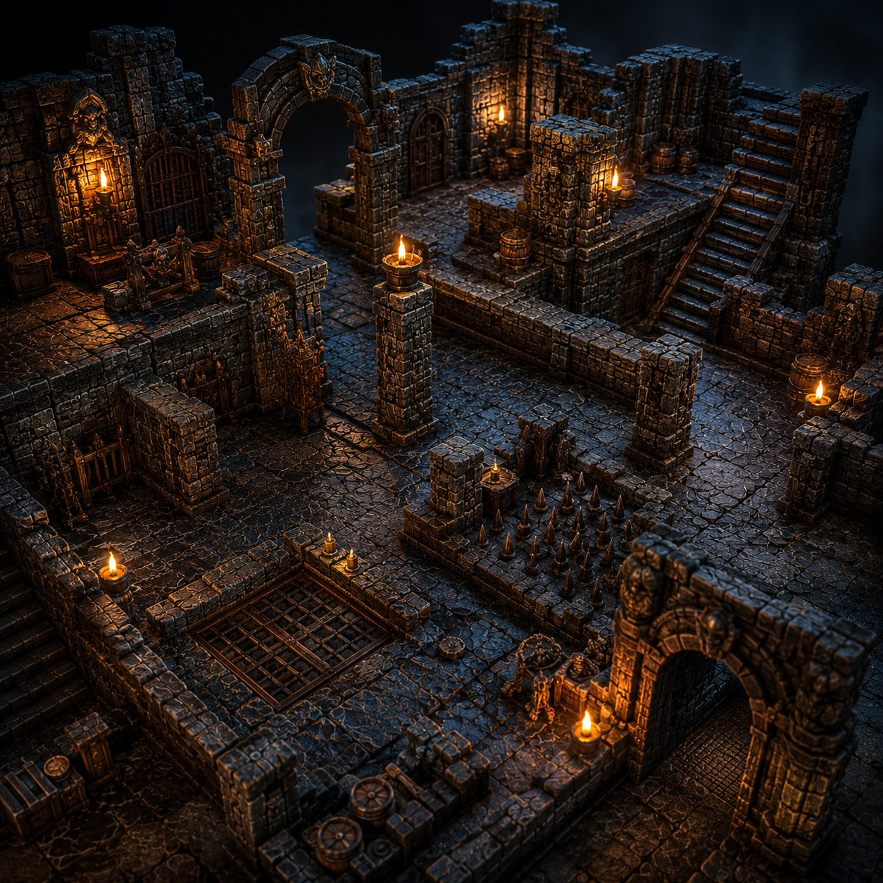 Torchlit EmberKeep dungeon terrain with stone floors, arches, stairs, traps, and modular RPG scenery pieces
