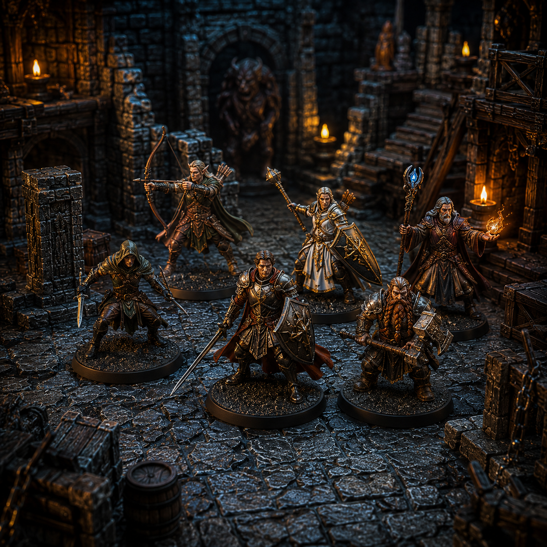 EmberKeep hero and adventurer miniatures posed in a torchlit dungeon with stone ruins and RPG terrain