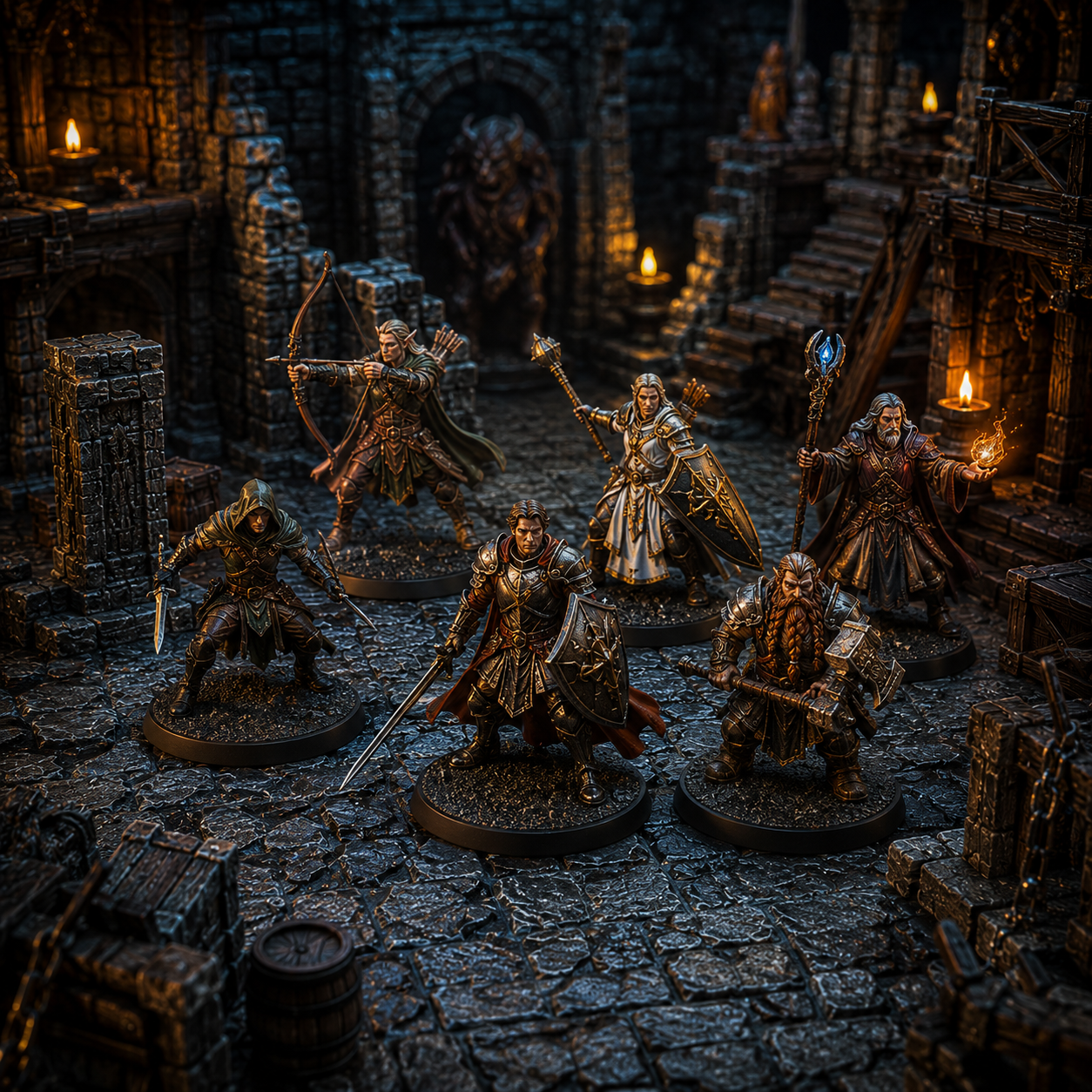 EmberKeep hero and adventurer miniatures posed in a torchlit dungeon with stone ruins and RPG terrain