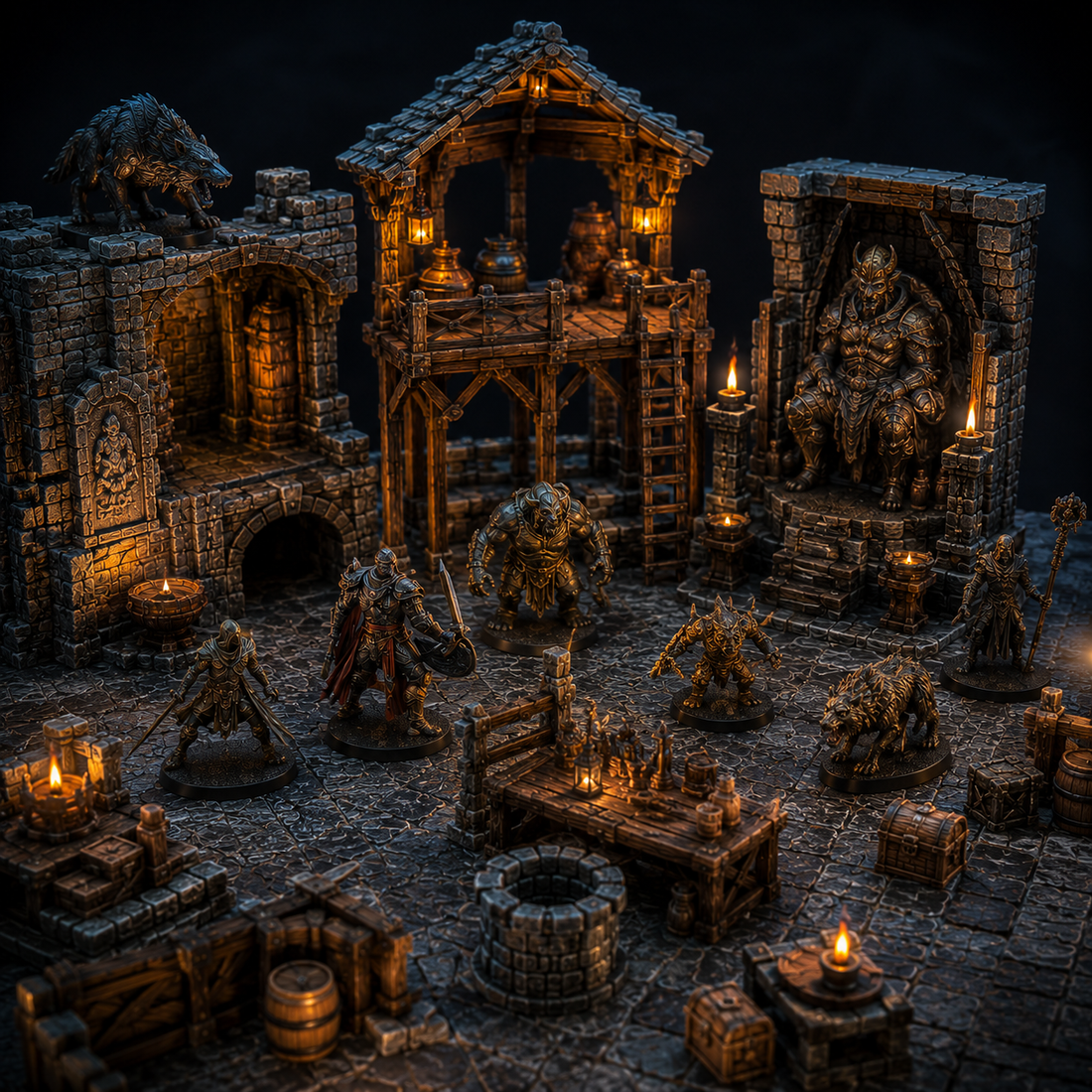 Latest EmberKeep fantasy terrain, miniatures, walls, props, and RPG scenery arranged in a cinematic dungeon display