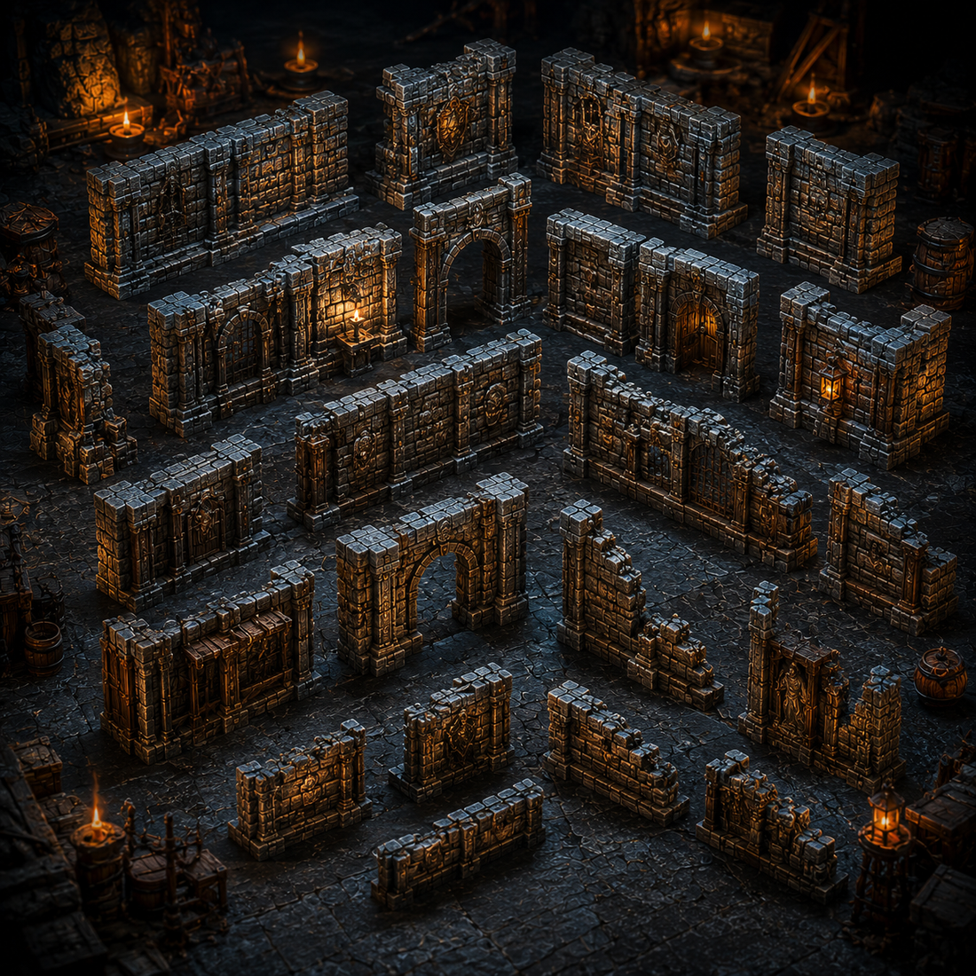 EmberKeep modular wall terrain with stone wall sections, doorways, gates, ruined corners, and dungeon layout pieces