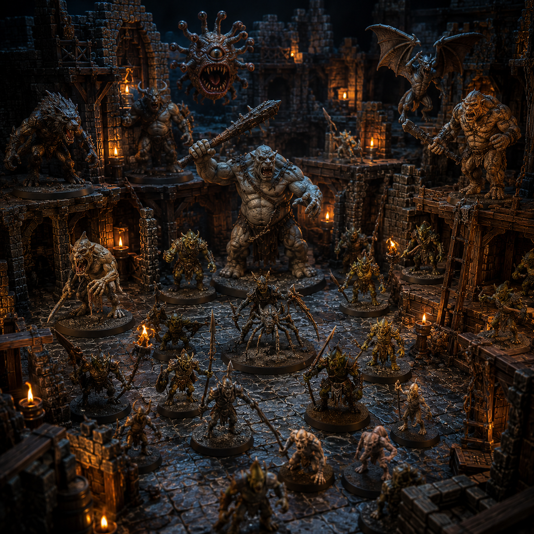 EmberKeep monster and creature miniatures displayed in a dark fantasy dungeon with torchlit stone terrain