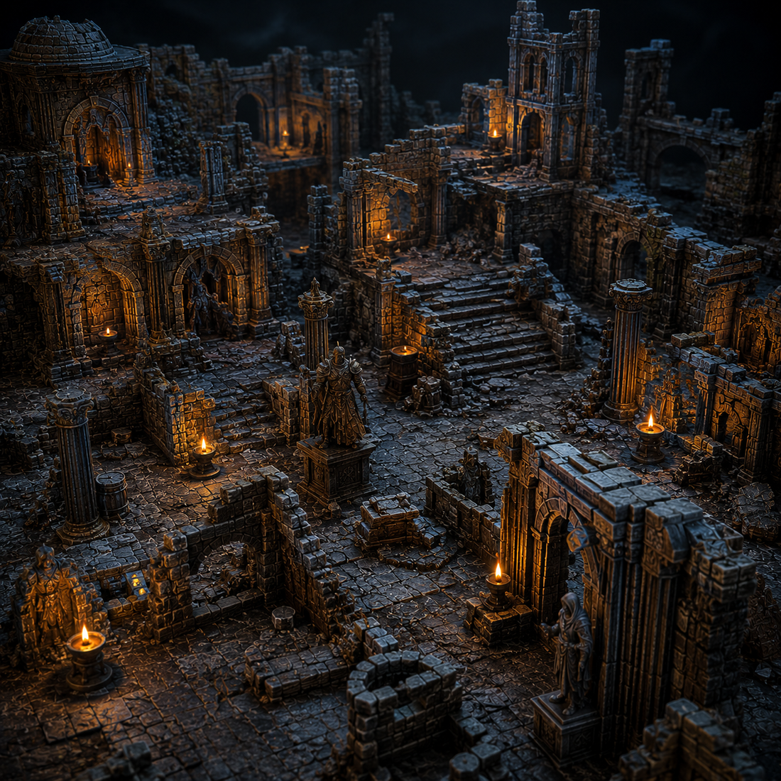 EmberKeep ruined fantasy structures with crumbling stone walls, broken arches, columns, and torchlit temple terrain