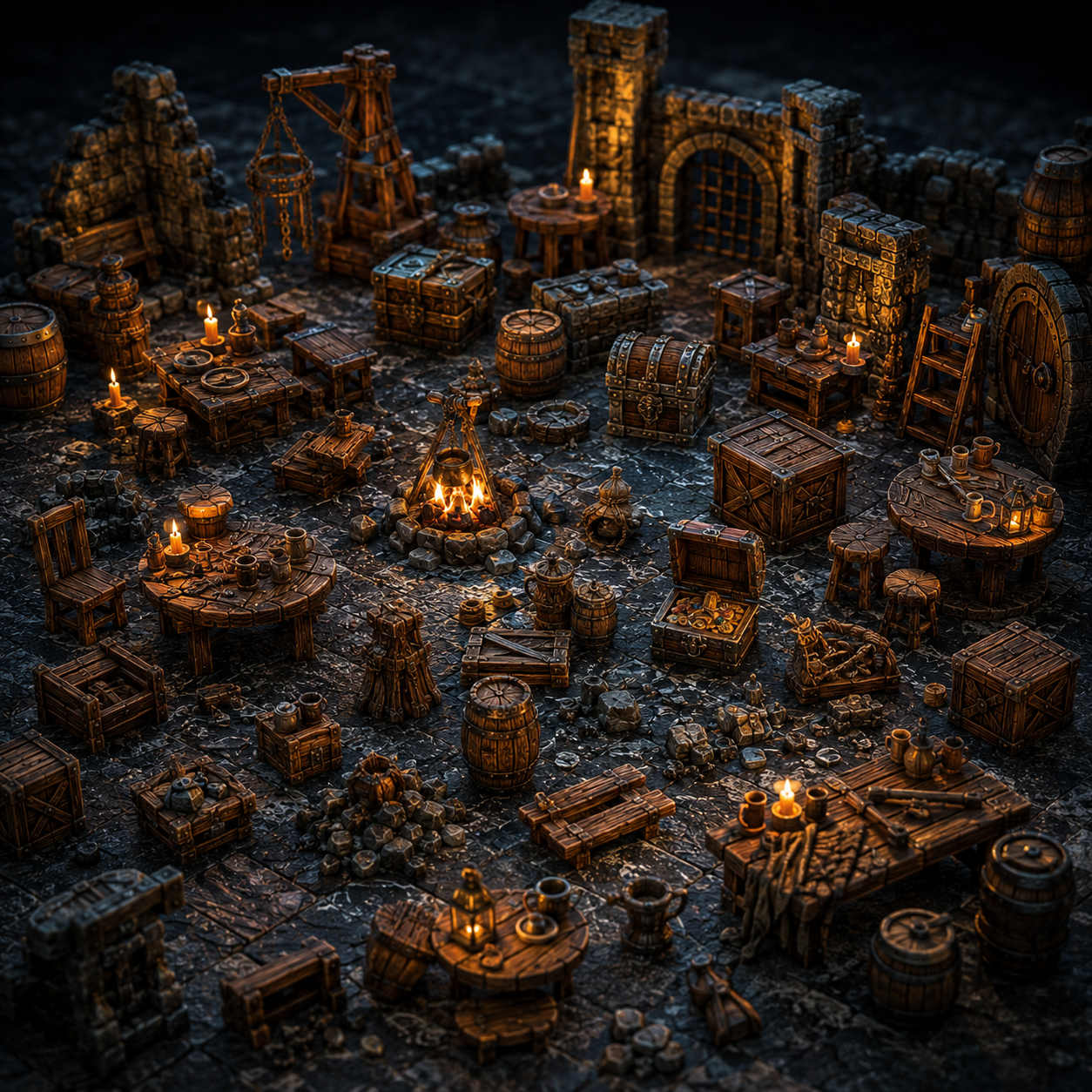 EmberKeep scatter terrain props with barrels, crates, chests, tables, candles, campfire pieces, and dungeon accessories