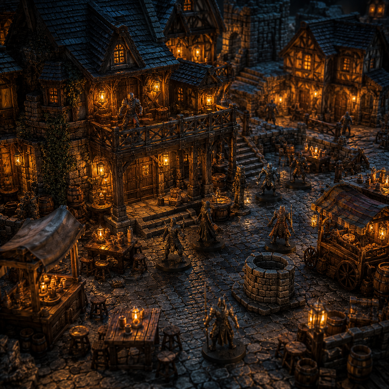 EmberKeep fantasy tavern and town terrain with medieval buildings, lanterns, market props, barrels, and cobblestone streets