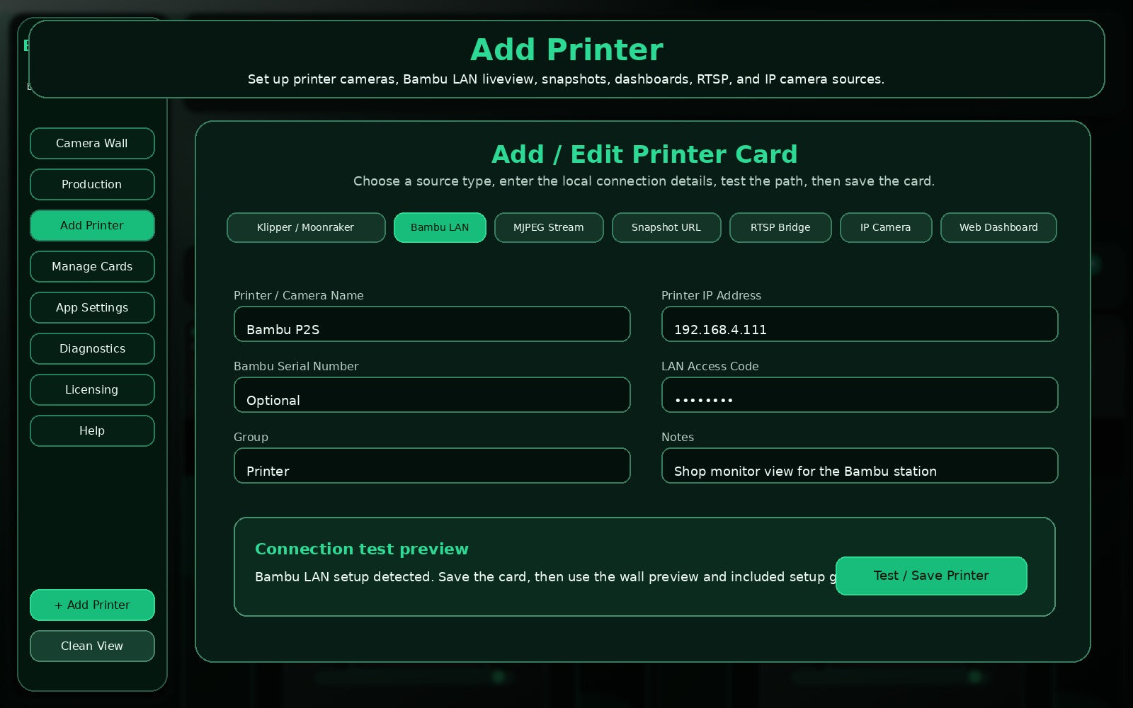 Add printer and source setup view