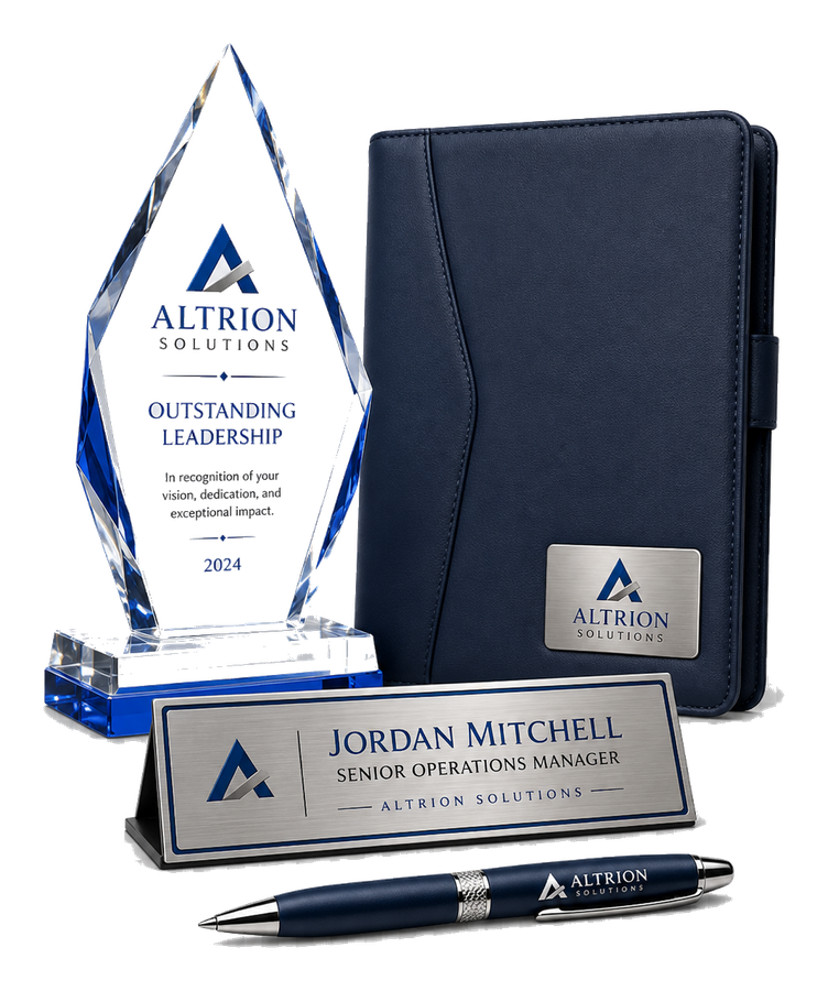 Sample leadership award bundle with crystal award, portfolio, nameplate, and pen