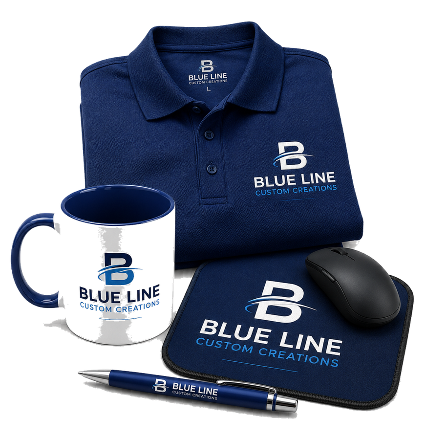 Sample branded business merchandise bundle with polo, mug, mouse pad, and pen