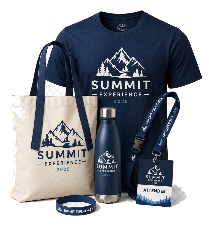 Sample event merchandise bundle with shirt, tote, bottle, badge, and wristband