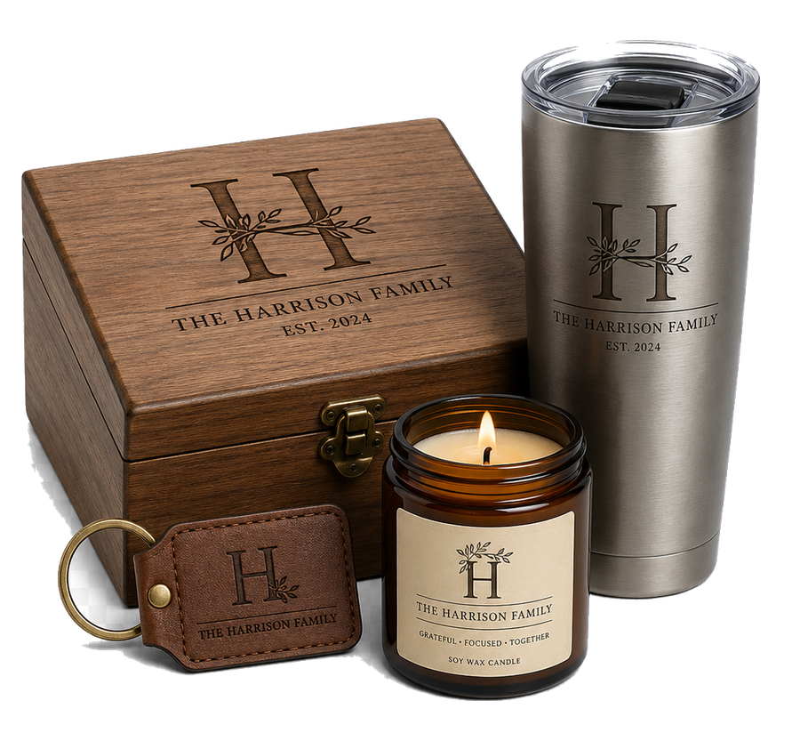 Sample personalized family gift bundle with keepsake box, tumbler, candle, and keychain
