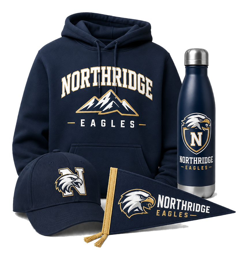 Sample school or team merchandise bundle with hoodie, hat, pennant, and bottle