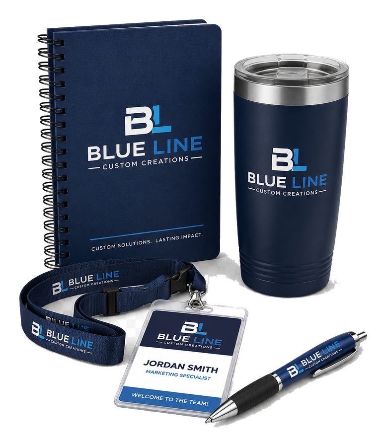Sample custom welcome kit with notebook, tumbler, badge, lanyard, and pen