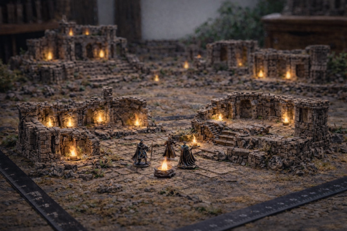 Fantasy tabletop RPG terrain scene with dungeon details