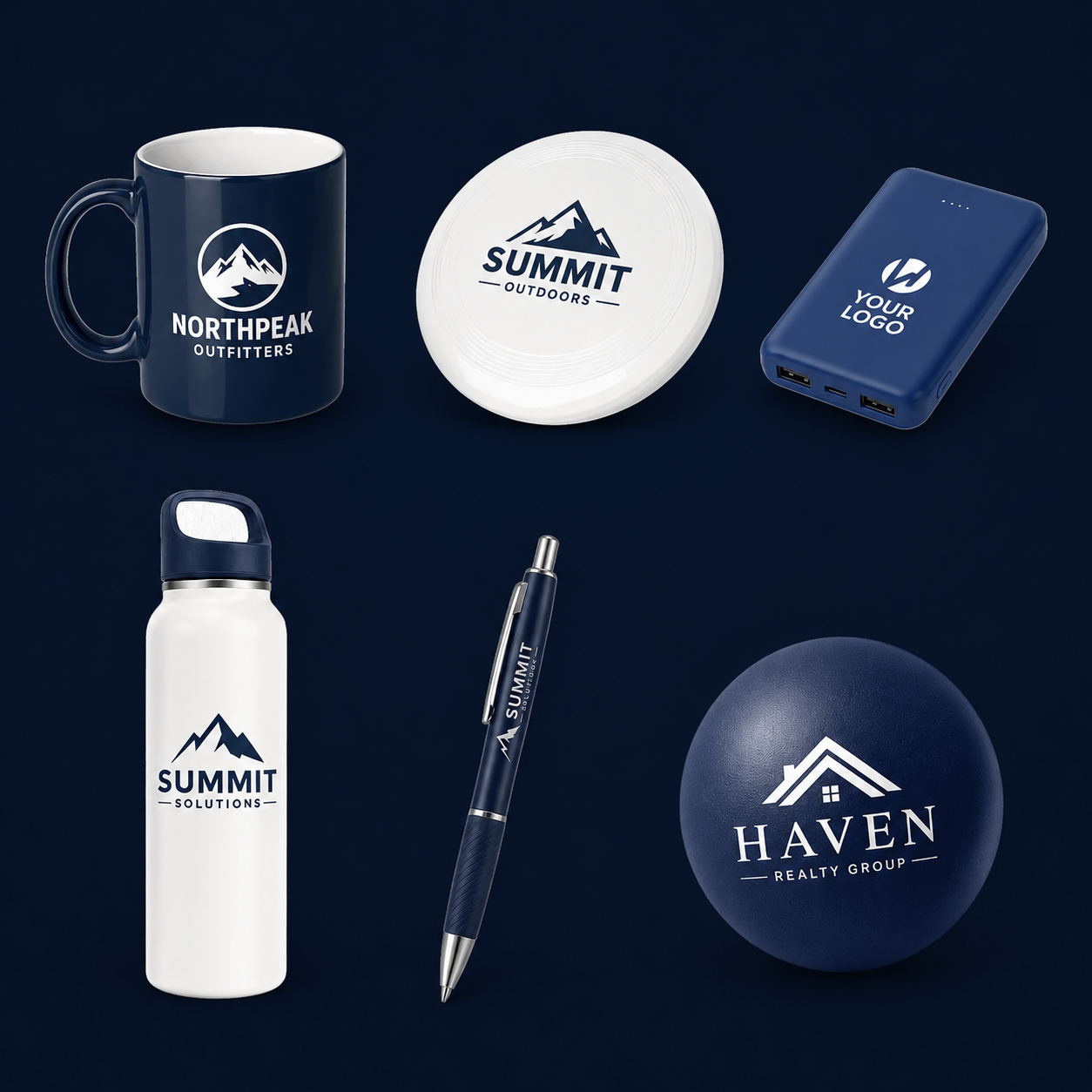 Sample promotional products including mug, frisbee, power bank, bottle, pen, and stress ball